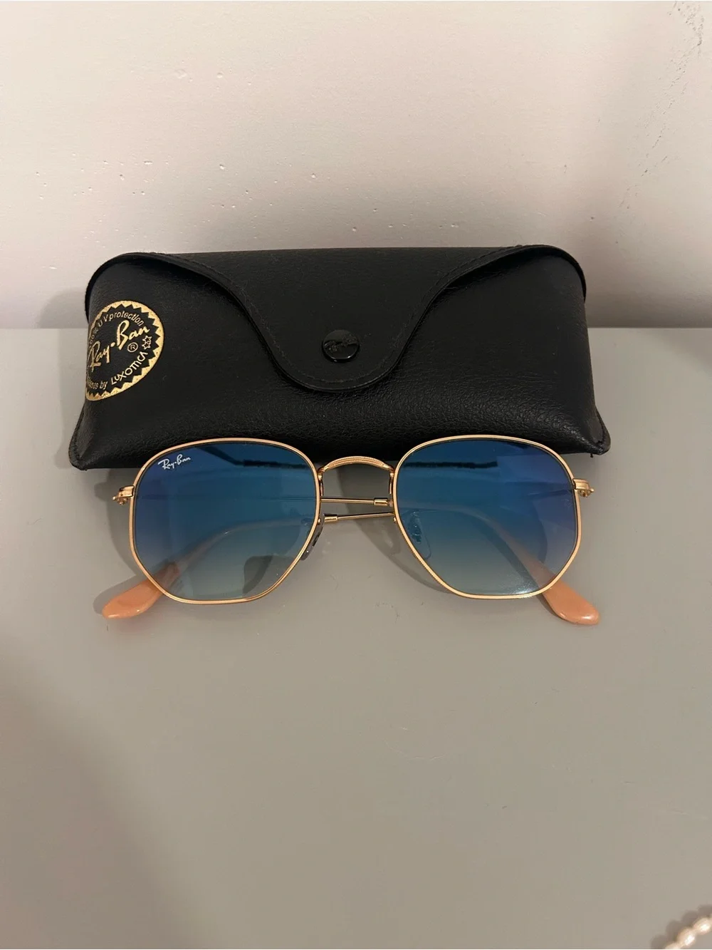 Ray-Ban Hexagonal Sunglasses. Gold Frame & Blue Gradient Lenses